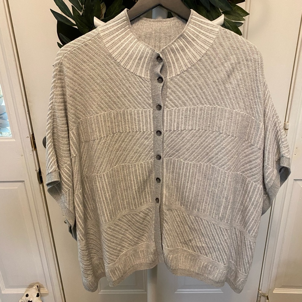 Cute Ribbed Mixed Stripes Open Sides Button Down Cardigan Poncho Sweater SS OS
